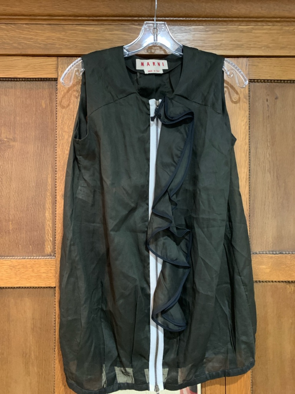 Marni khaki green Sleeveless Sheer Tunic with Ruffle Zip Front